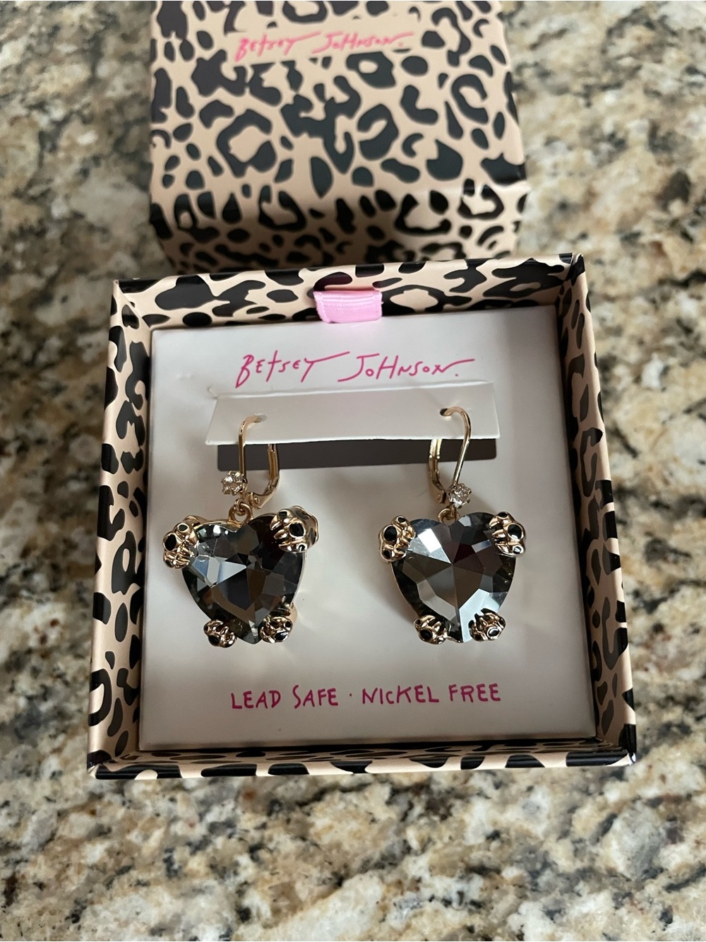 Betsey Johnson Gold-Tone Heart Leopard Claw Crystal Drop Earrings in Smoky Gray